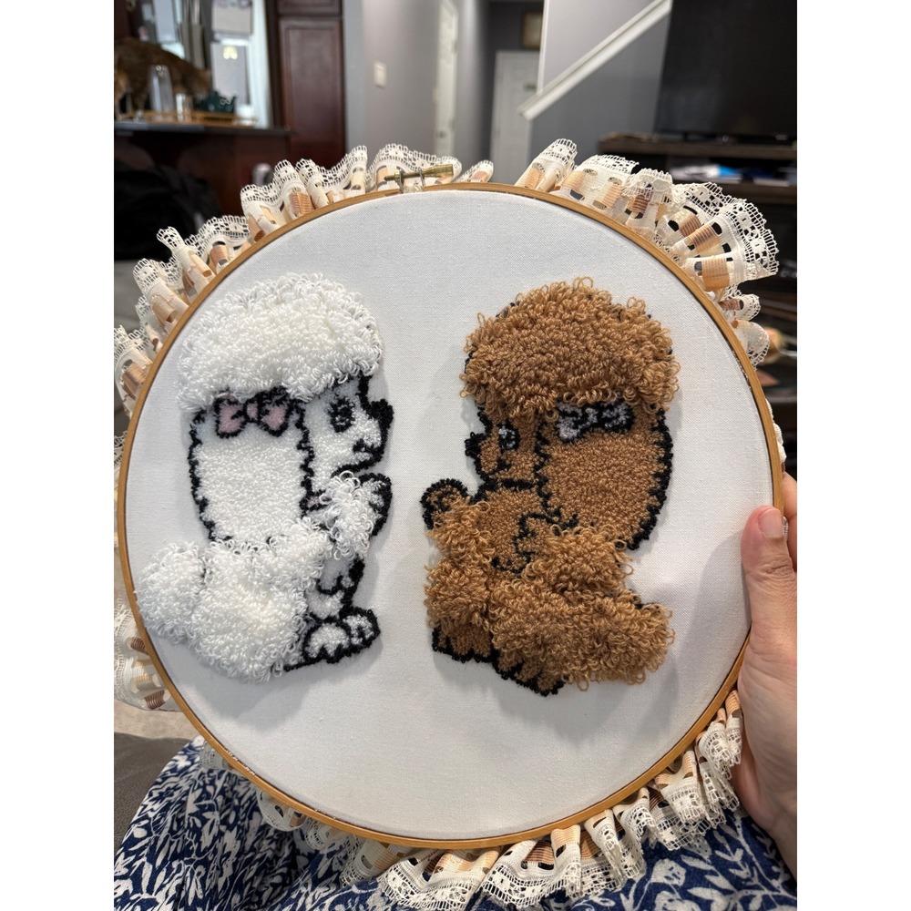 Handmade Punch Needle Hoop Art 2 Poodles White Brown Dog Decor Gift‎